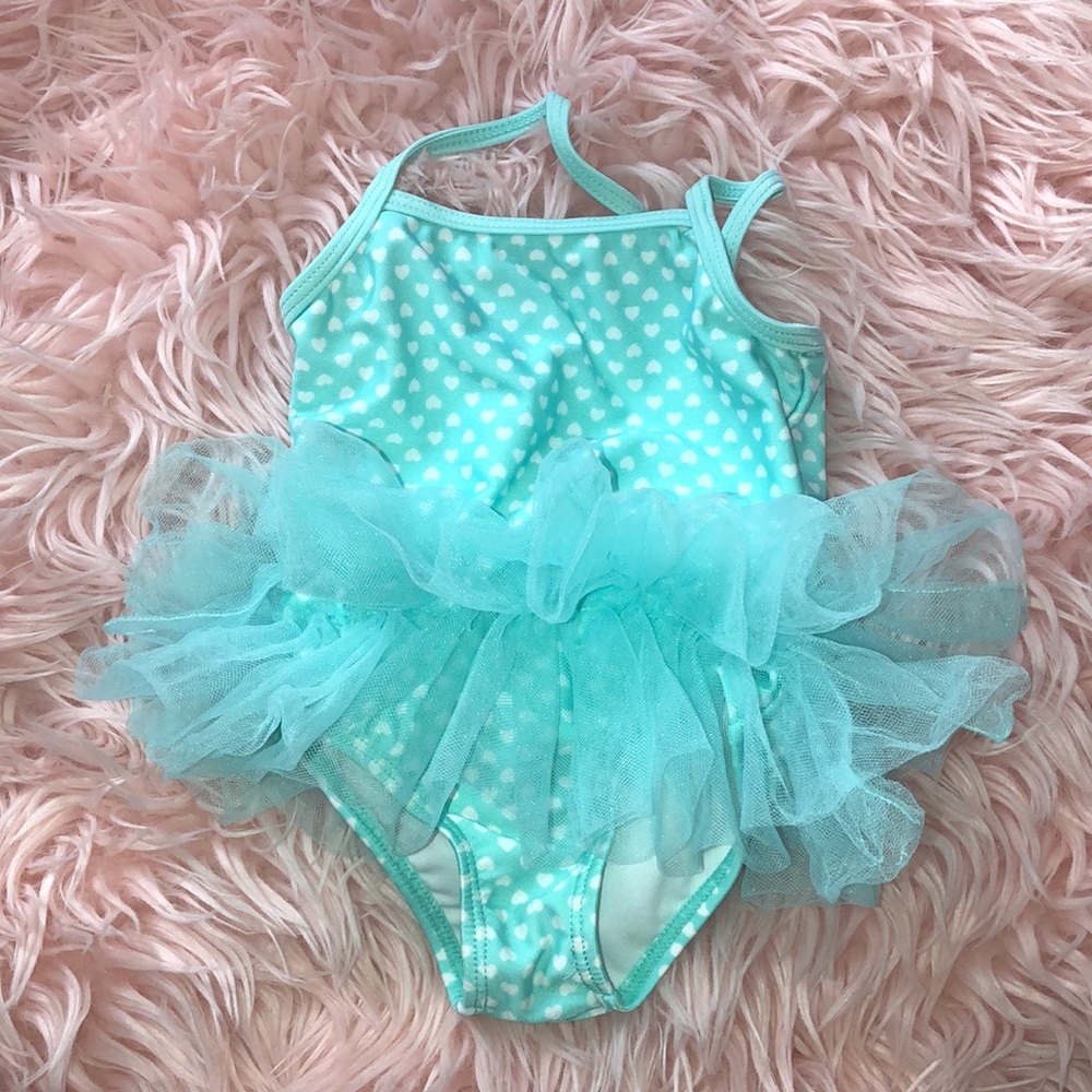 Teal infant one piece swim suit with tutu bottom